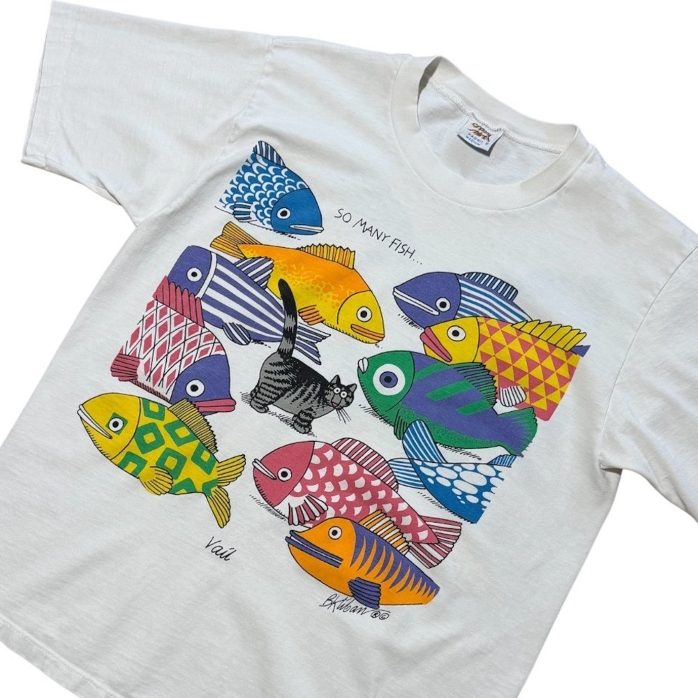Vintage 90s Crazy Shirts B. Kliban Cat So Many Fish Nature Art Graphic T-shirt - Picture 2 of 9